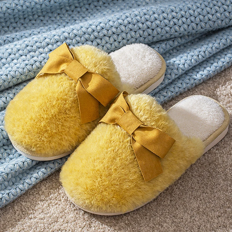 

Women Slippers with Fur Memory Foam Plush Womens Slippers Indoor Bow Slippers Home Warm Winter Slippers Cute Shoes for Girls