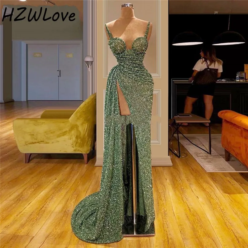 

Glitter Shiny Slit Prom Dresses Sexy African Party Dress 2020 Turkish Islamic Aibye Mermaid Evening Dress With Spaghetti Straps