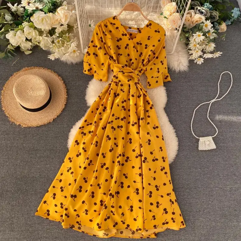 SINGRAIN Women Long Print Dress Summer Holiday French Korean Romantic Beach Dress Short Sleeve Clubwear Bohemian Floral Sundress