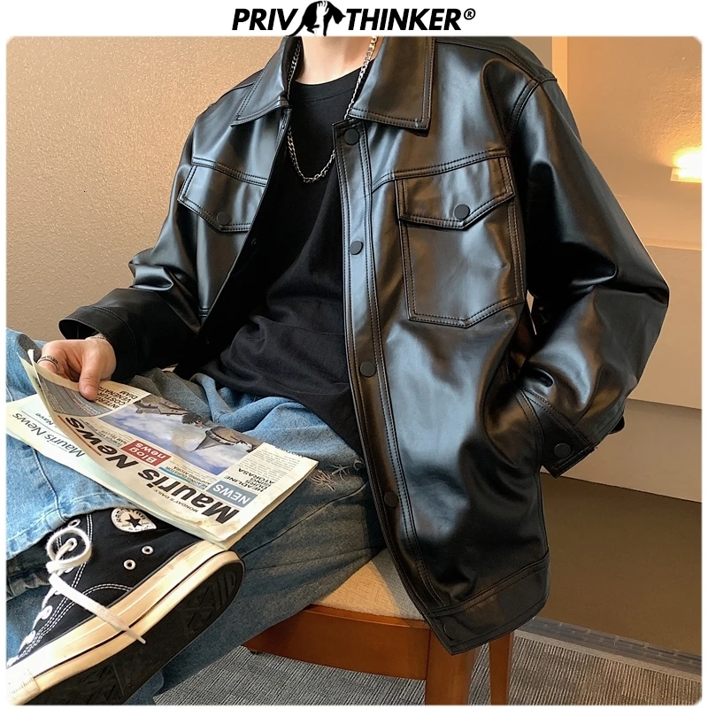 Privathinker Men Spring Black Soft Faux Leather Jacket 2021 Mens Hip Hop Jacket Leather Male Oversize Streetwear Pockets Clothes