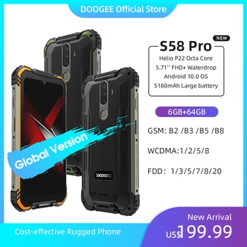 Перейти на Алиэкспресс и купить DOOGEE S58 Pro Мобильный Телефон IP68/IP69K водонепроницаемый прочный телефон 5180 мАч 5,71 дюймFHD + дисплей 6 ГБ + 64 ГБ Android 10 NFC Смартфон