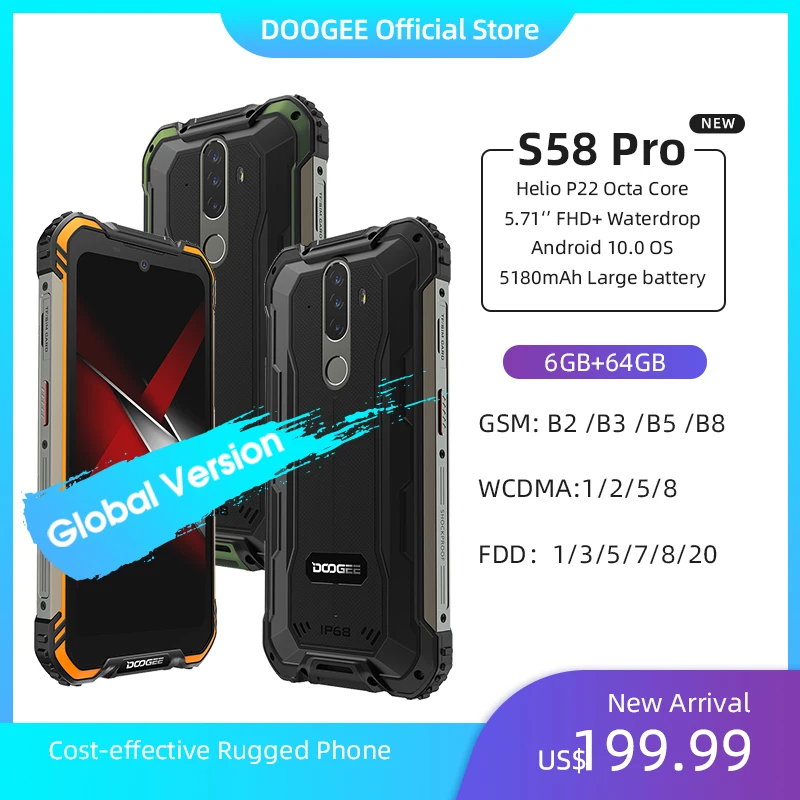 

New DOOGEE S58 Pro Mobile Phone IP68/IP69K Waterproof Rugged Phone 5180mAh 5.71"FHD+Display 6GB+64GB Android 10 NFC Smartphone