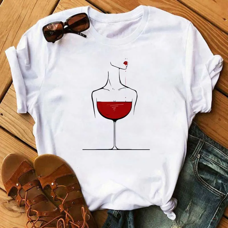 Funny T-Shirt Women Fashion Wine Glasses Print T-Shirt Black Shirts Casual Ladies Tshirt Korean Style Women's Tops Tees graphic tees women