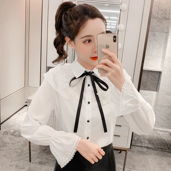 

COIGARSAM Patchwork Shirt Womens tops New Spring Lace Full Sleeve Loose Turn-down Collar Women shirts White 9393