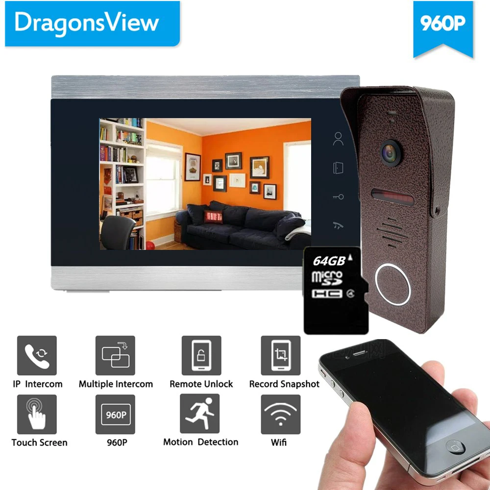 

Dragonsview 7 inch Wifi Video Intercom Wireless Video Doorbell Camera 960P HD Resolution Motion Detection Record SD Card