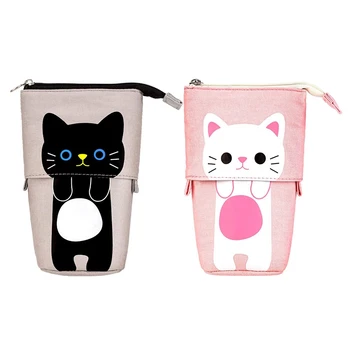 

2Pcs Telescopic Pen Case Canvas Cute Cat Pencil Pouch Pen Stationery Bags Holder Stand Up Make Up Bag for Students