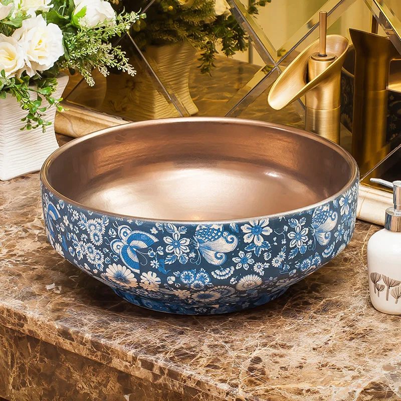Golden color Europe style China Handmade Lavabo Washbasin Artistic Bathroom Sink hand painted ceramic bathroom sinks | Обустройство
