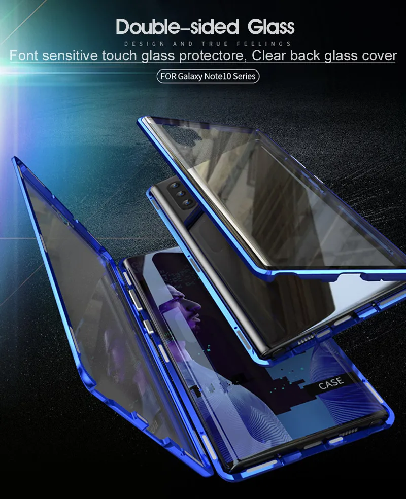 

Egeedigi Double-sided Toughened glass Metal frame Magnetic Bumper Case For Samsung Galaxy Note 10 Pro Full Body Cover Shell Case