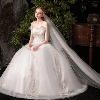 

Luxury Wedding Dress Strapless Embroidery Lace Applique Flower Lace Up Bridal Ball Gown Plus Size Customized