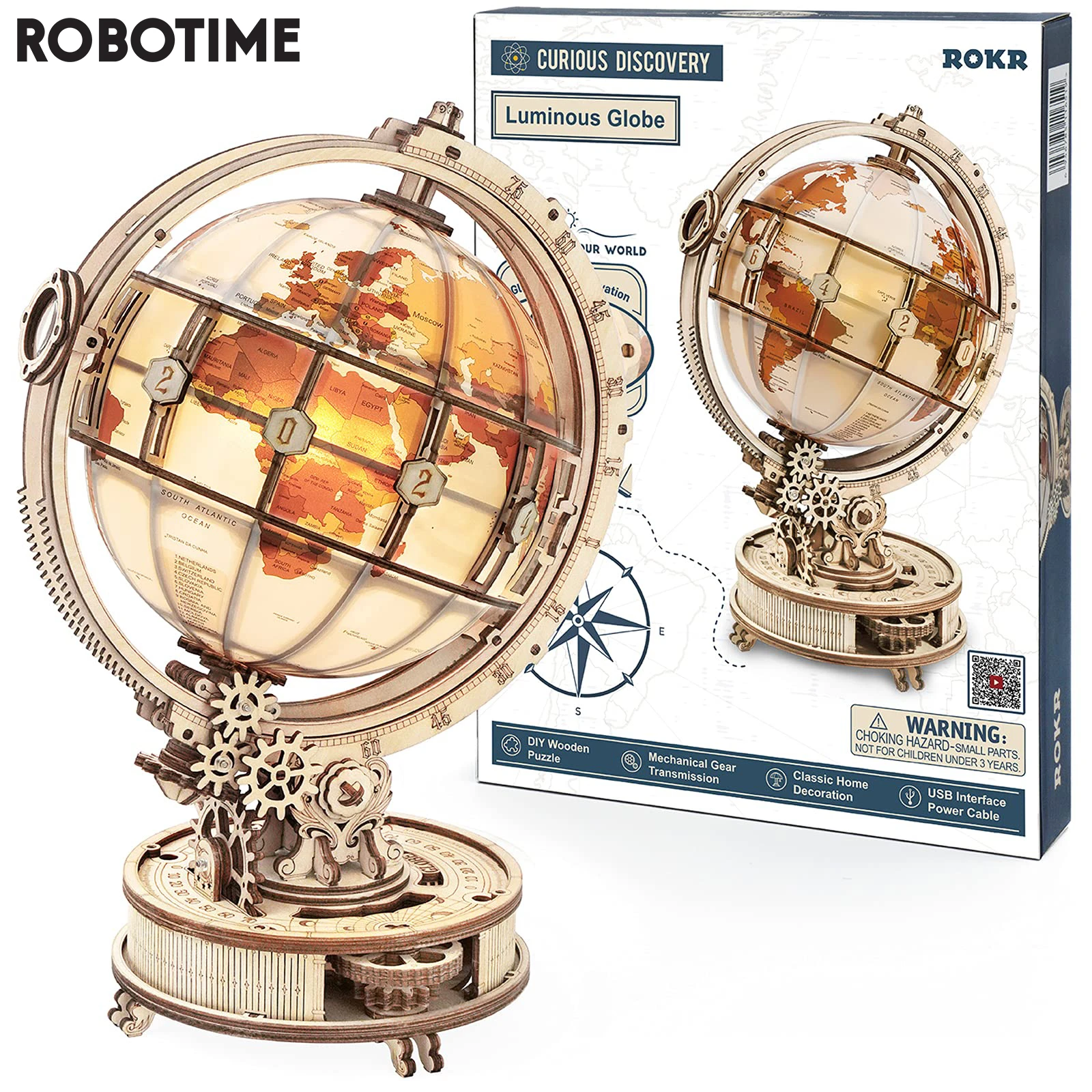 Robotime Rokr Luminous Globe 3d Wooden 