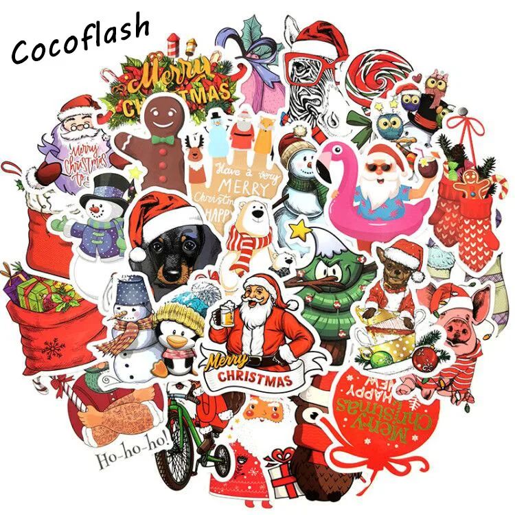 50 PCS/ Pack Stickers Christmas Deer Santa Claus Snowman Children Gift Sticker DIY For On Skateboard Suitcase luggage Stickers