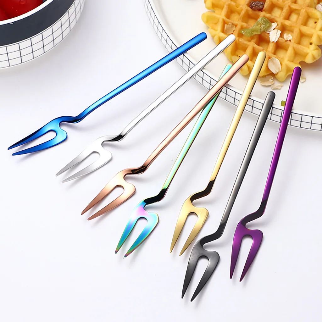 

Stainless Steel Rainbow Color Long Handle Fork Hanging Cup Coffee Tea Spork Flatware Dessert Tool Tableware coisas de cozinha