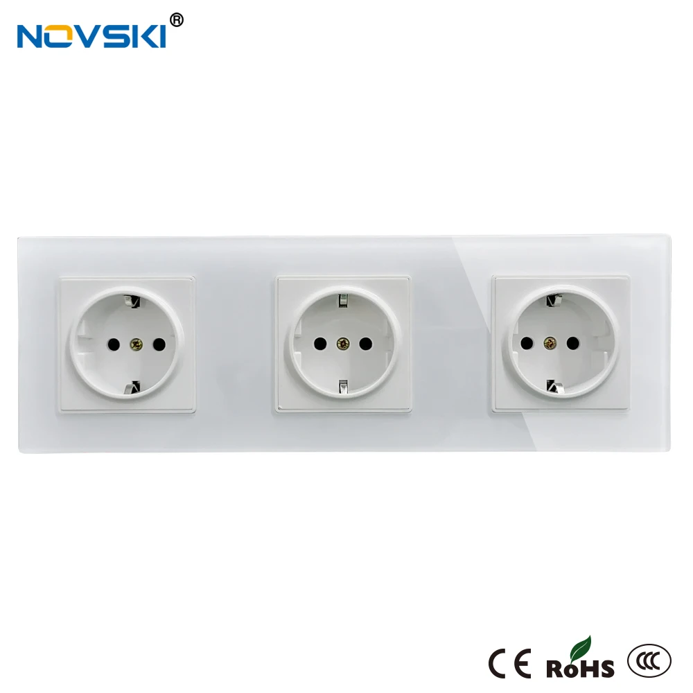 EU German Schuko Wall Crystal Glass Panel Power Socket Triple Plug Grounded, 16A Quadruple Electrical Socket, 15 Years Warranty