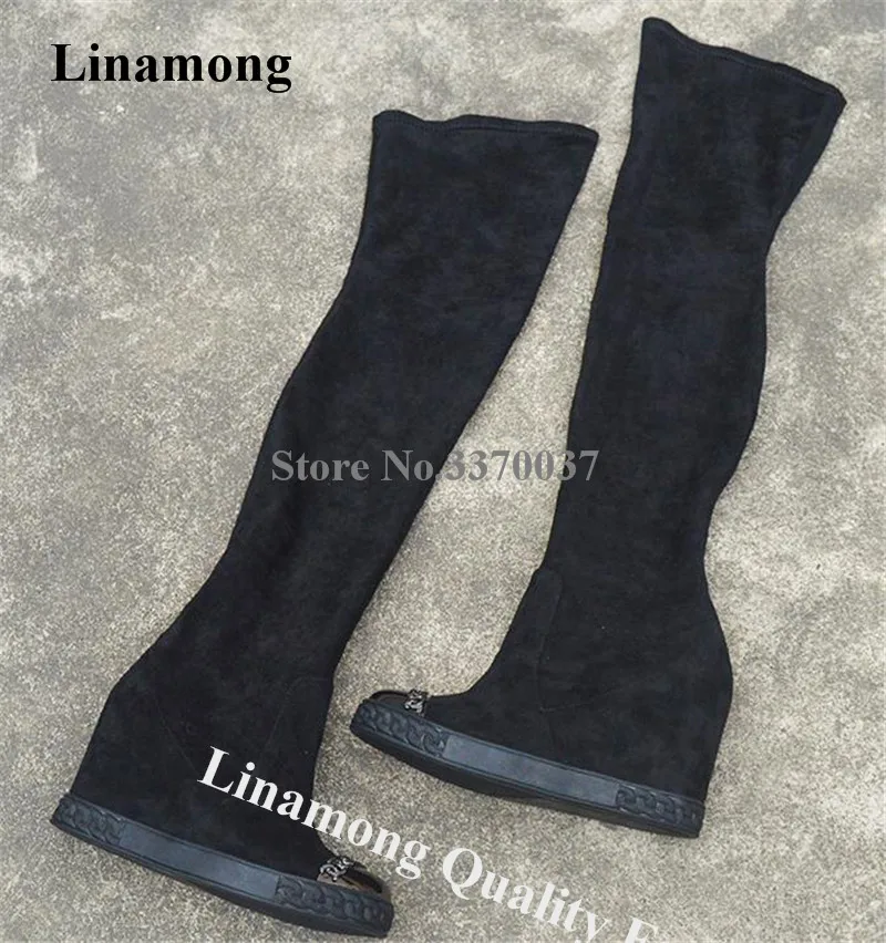 

Linamong Design Metal Round Toe Over Knee Wedge Boots Black Suede Slim Banded Inside Wedge Height Increased Long Boots