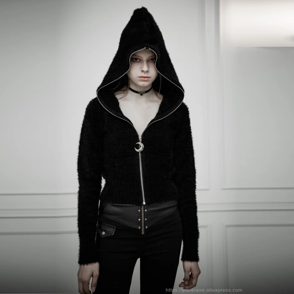  PUNK RAVE Women's Tight Hooded Cardigan Sweater Warm Imitation Mink Hair Moon Pendant Personality H