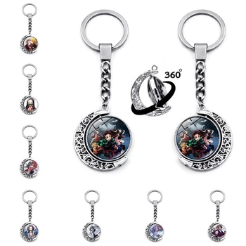 

Kimetsu no Yaiba Keychain Anime COS Key Chain Kamado Tanjirou Double-Sided Spin Moon Pendant Metal Key Ring Adult Accessories