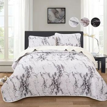 

3 Piece Marbling Quilted Bedspread Throw Set Comforter Pillow Case Queen King Size Bed Set