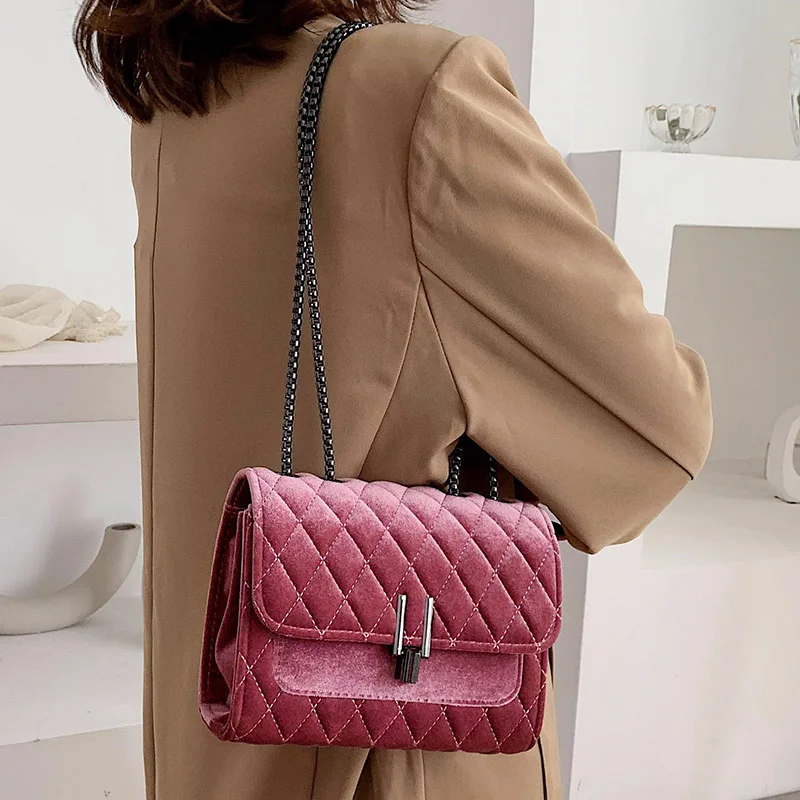  Fashion Ladies Velour Bag Quilted Women Messenger Handbag Shoulder Chain Female Bag Velvet Crossbod - 4000235669434