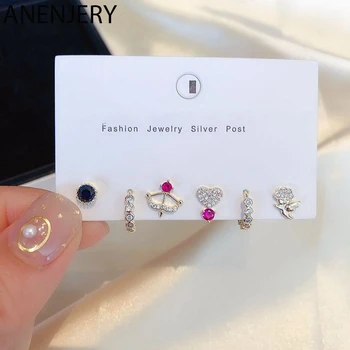 

ANENJERY Lovely Cupid's Arrow Flower Stud Earrings Set Gold Silver Color Colorful Cubic Zircon 6-piece Earrings Set S-E1203
