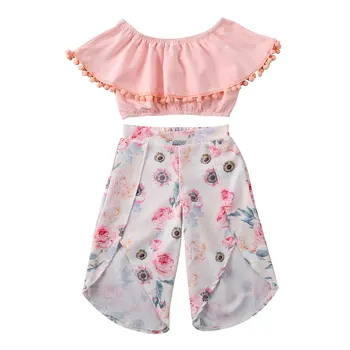 

1-5Y Kids Baby Girls 2PCS Outfits Summer Tassel Ruffles Sleeve T-shirt Tops+Flowers Pants Clothes Set