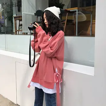 

Hoodies Women Fake 2 Pieces Korean Style O-Neck BF Pullover Womens Sweatshirt All-match Simple Student Loose 2XL Harajuku Sweet