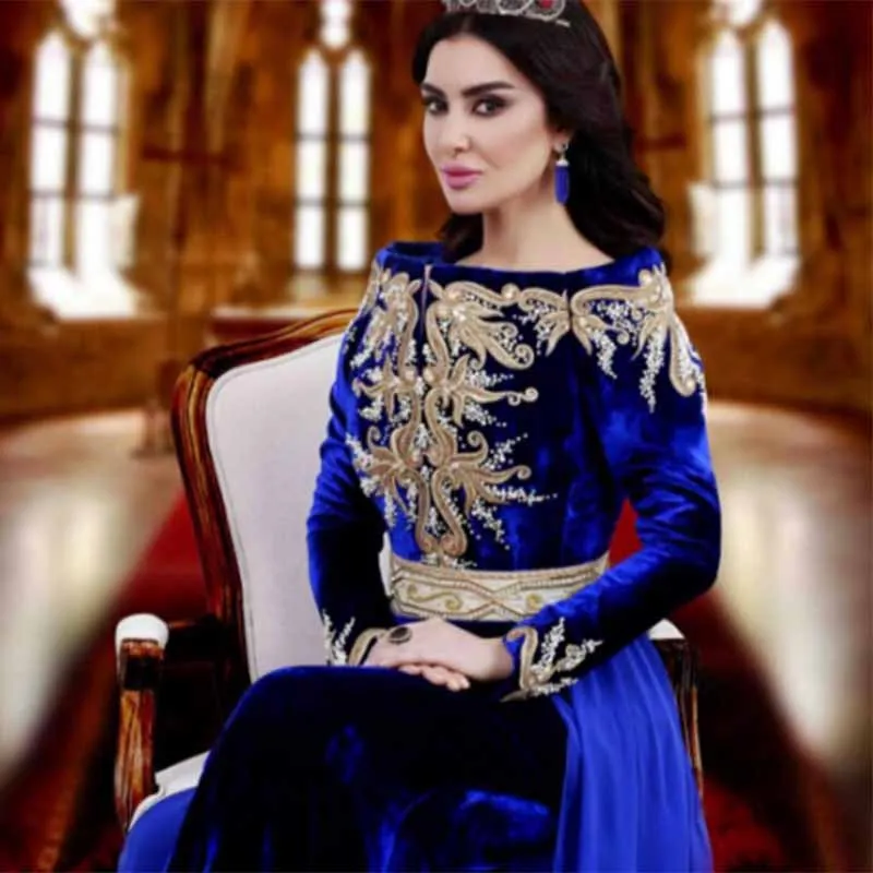

Saudi Arabic Royal Blue Abaya Long SLeeves Off the Shouler Floral Lace Beaded Peplum Chiffon Sweep Train Mother of Bride Dresses
