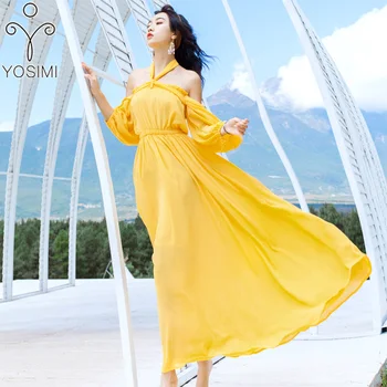 

YOSIMI Summer Dress 2020 Off The Shoulder Evening Party Dress Maxi Chiffon Yellow Long Sleeve Vestido Female Long Women Dress