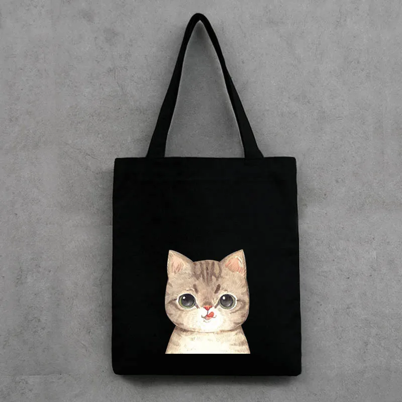 

Large capacity Black Canvas Tote Bag Fabric Cotton Cloth Reusable shopper Bag Women Beach Handbags Cats Printed Grocery Eco Bag