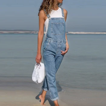 

2019 New Lady Blue Denim Overalls Jumpsuit Rompers Belted Hole Hollow Out Pocket Women Casual Fashion Female Pants Hot