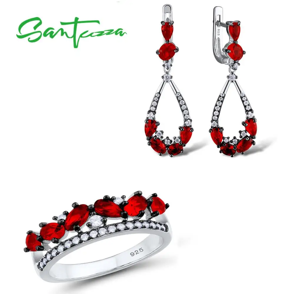 

SANTUZZA 925 Silver Jewelry Set for Women Red Elegant Drop Earrings Ring Set Luxury Gift Wedding Accessories Party Fine Jewelry