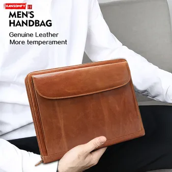 

2019 New Genuine Leather Men Handbag A4 Business Briefcase File Bag Male 13.3 Inch Computer Bag Cowhide Envelope Bags Brown Big