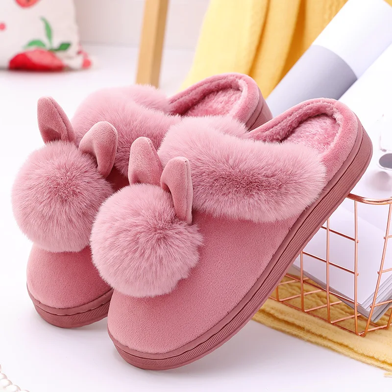 

Bunny Women Home Slippers Cartoon Rabbit Ears Slip On Soft Soled Winter Warm House Shoes Ladies Indoor Fur Slippers Footwear
