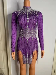 Purple Carnival Rave Party Gala Performer dj Rhinestone  Pole Dance  Evening Birthday Celebrate Costume Women Dancer Show Dress