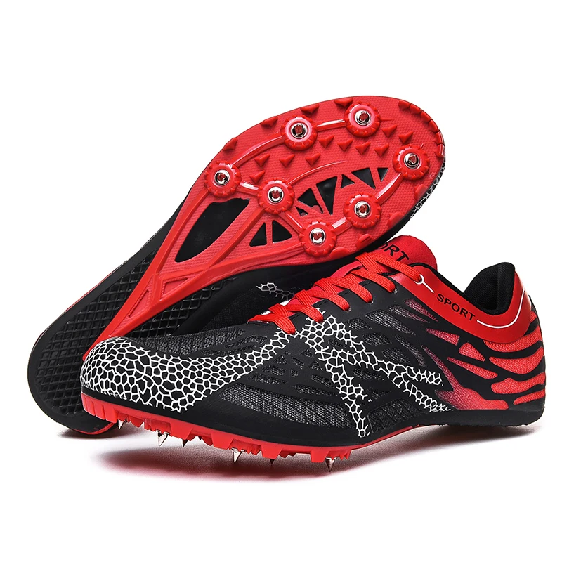 Men Women Boys Girls Track and Field Shoes Mesh Breathable Athletics Spike Shoes Black Blue Racing Sneakers Lightweight Trainers - Цвет: Red