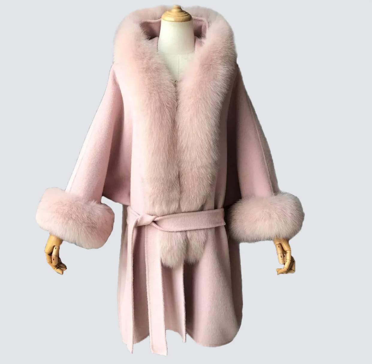 

2019 vintage women wool shawl double side cashmere cape big fox fur collar overcoat loose style drop shoulder pink woolen coat