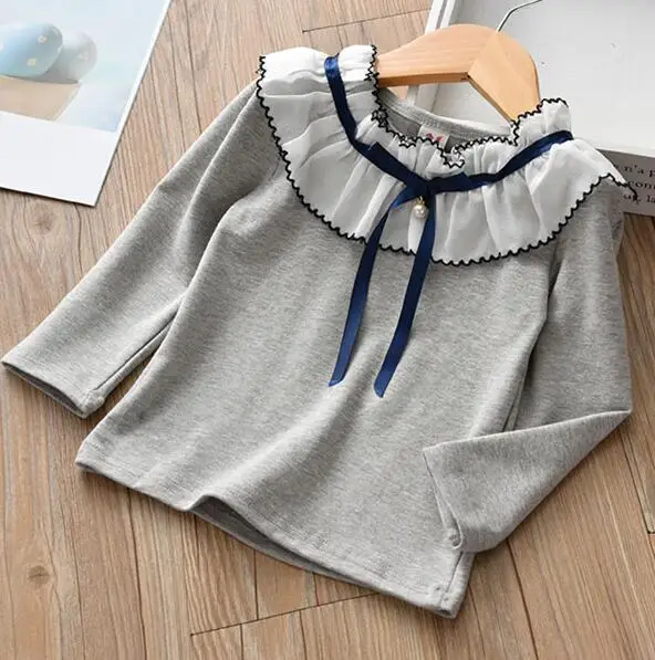 Хлопковая Детская футболка с длинными расклешенными рукавами; сезон весна-осень; рубашки для девочек; Детские топы для девочек; Детские милые кружевные блузки