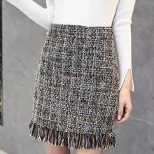 Женская шерстяная мини-юбка на осень и зиму, винтажная прямая клетчатая юбка с кисточками, шерстяная юбка с высокой талией