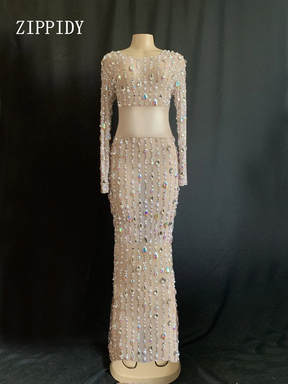 Блестящие разноцветные стразы, жемчуг, длинное платье, день рождения, празднование, стрейчевое платье, прозрачная перспектива, вечерние сексуальные платья