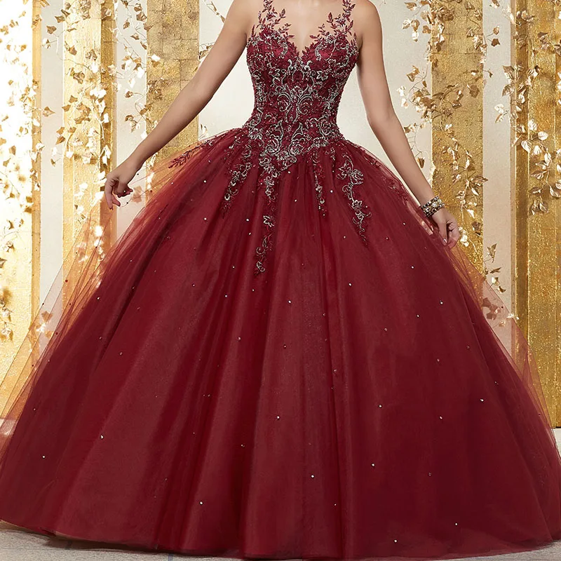 Бордовые платья Quinceanera 2019 из тюля с кристаллами вырезом сердечком Vestidos De 15