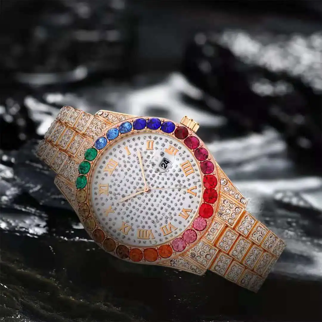 Ladies Iced Out Watch for Women Luxury Colourful Women Gold Watch Fashion Diamond Crystal Bling Bling Hip Hop Watch Reloj Mujer