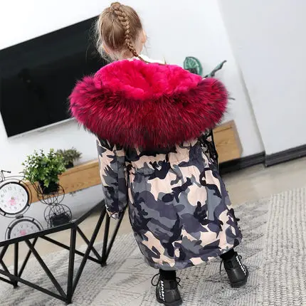 Grey Rose Fur Детское пальто с натуральным мехом камуфляжная длинная куртка с натуральным кроличьим мехом внутри для девочек зимняя парка для мальчиков TZ14 - Цвет: Grey Rose Fur