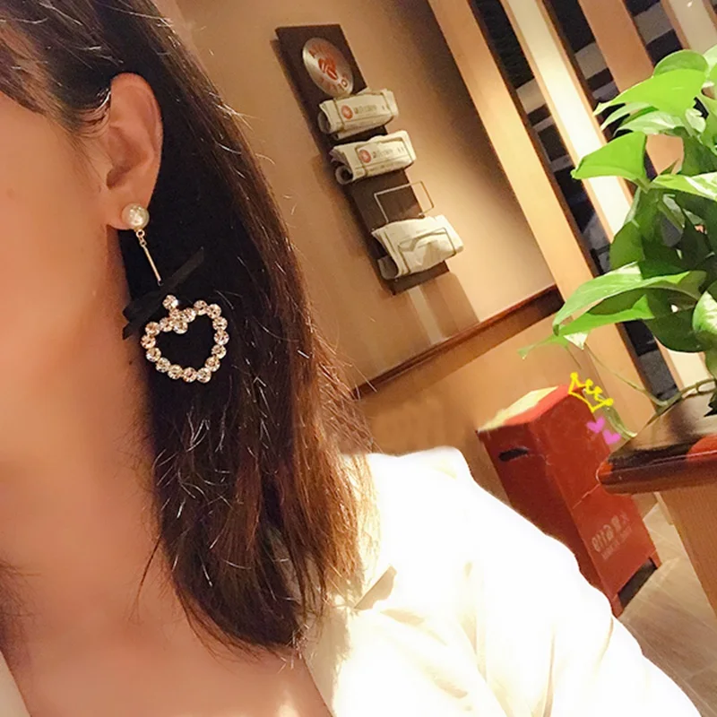MENGJIQIAO Корейский Блестящий Кристалл большое сердце бант длинные Pendientes Mujer Moda Bijoux кисточкой элегантные серьги вrincos бижутерия