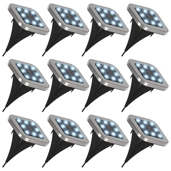 

12 Pack Solar Pathway Lights, Dusk-To-Dawn, Square, 7000K Diamond White, Cross Spike Stake for Easy in Ground Install, Solar Pow