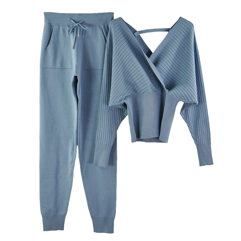 TAOVK женские трикотажные джемперы+ брюки костюмы крест v-образным вырезом рукав летучая мышь свитер и брюки с эластичным поясом комплекты из двух предметов - Цвет: Синий