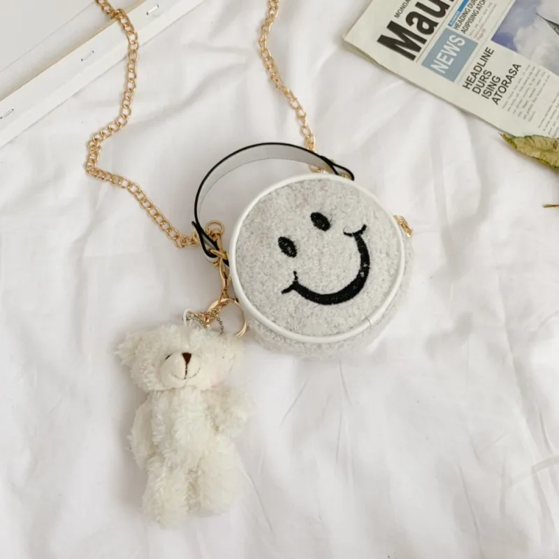 A4 New Cute Suede Girl Smiling Face Mini Shoulder Bags Zipper Young Circular Shape Crossbody Bag for Children - Цвет: A4