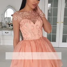 Элегантные платья для выпускного вечера ТРАПЕЦИЕВИДНОЕ короткое тюлевые аппликации кружево вышитое бисером вечернее платье