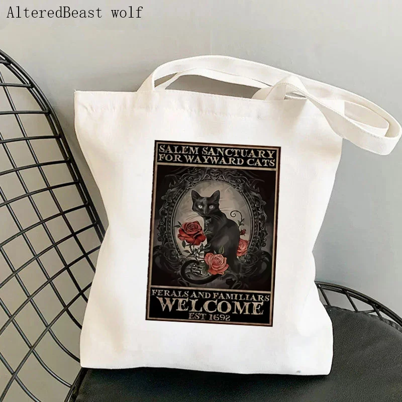 Women Shopper bag Cats Salem Sanctuary Printed Bag Harajuku Shopping Canvas Shopper Bag girl handbag Tote Shoulder Lady Bag women shopping bag casual tote bag canvas shoulder bag shopper handbag harajuku skull print fashion cloth bags reusable handbags