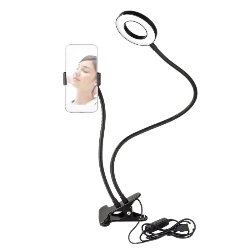 Зажим настольная лампа крепление для макияжа живой поток 2 в 1 дизайн Алюминиевый сплав селфи кольцо свет держатель сотового телефона - Цвет: Черный