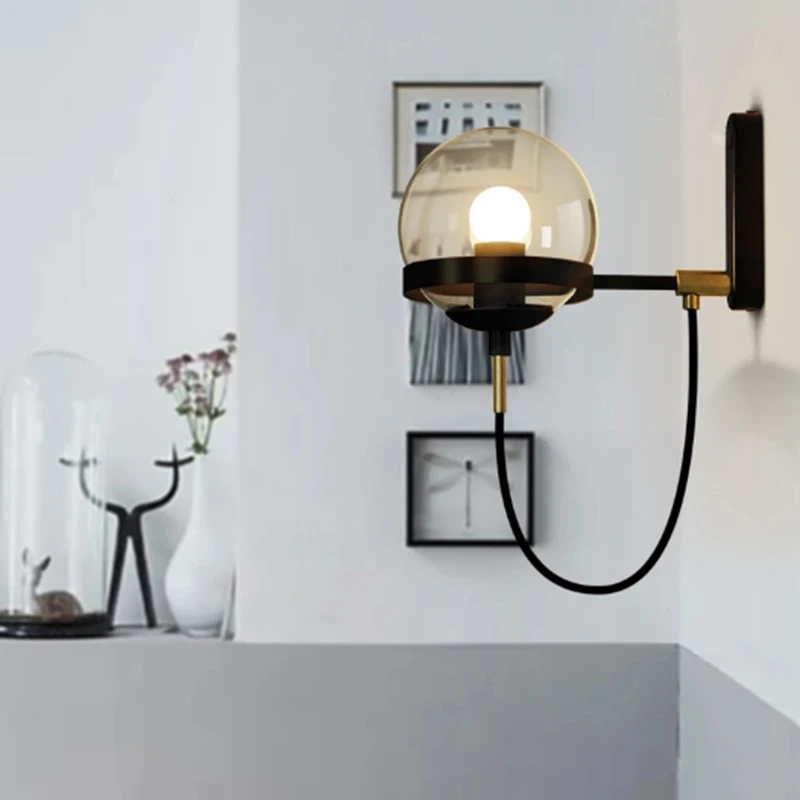 

Nordic Glass Ball Wall Lamp Postmodern Retro Golden Individuality American Country Simple Corridor LED Light