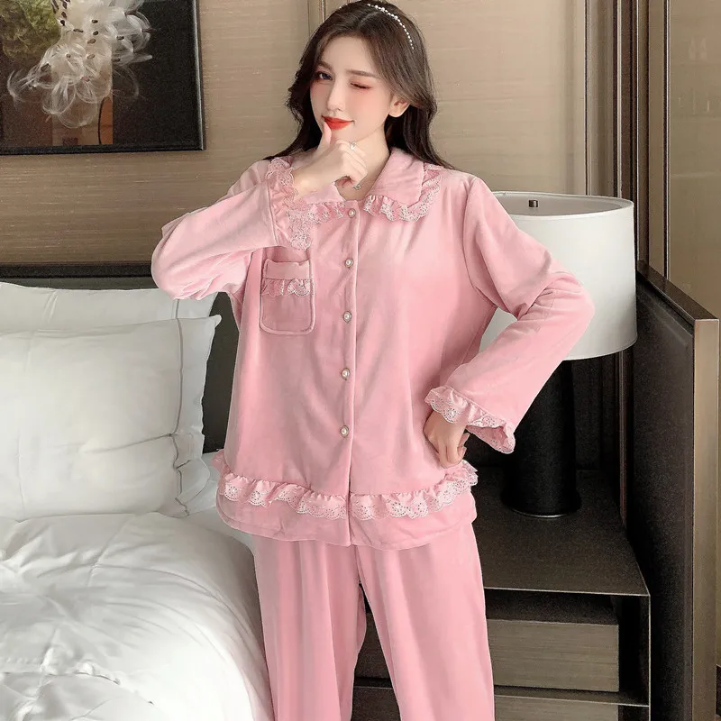 

Autumn Winter Warm Pink Velvet Sleepwear Home Suit Sets Female Pajamas Loose Pants Long Sleeve Two Piece Set Lounge